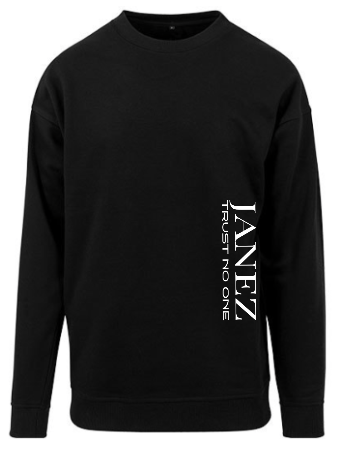 Sweatshirt Crewneck "Trust No One" mit Druck links unterm Ärmel schwarz