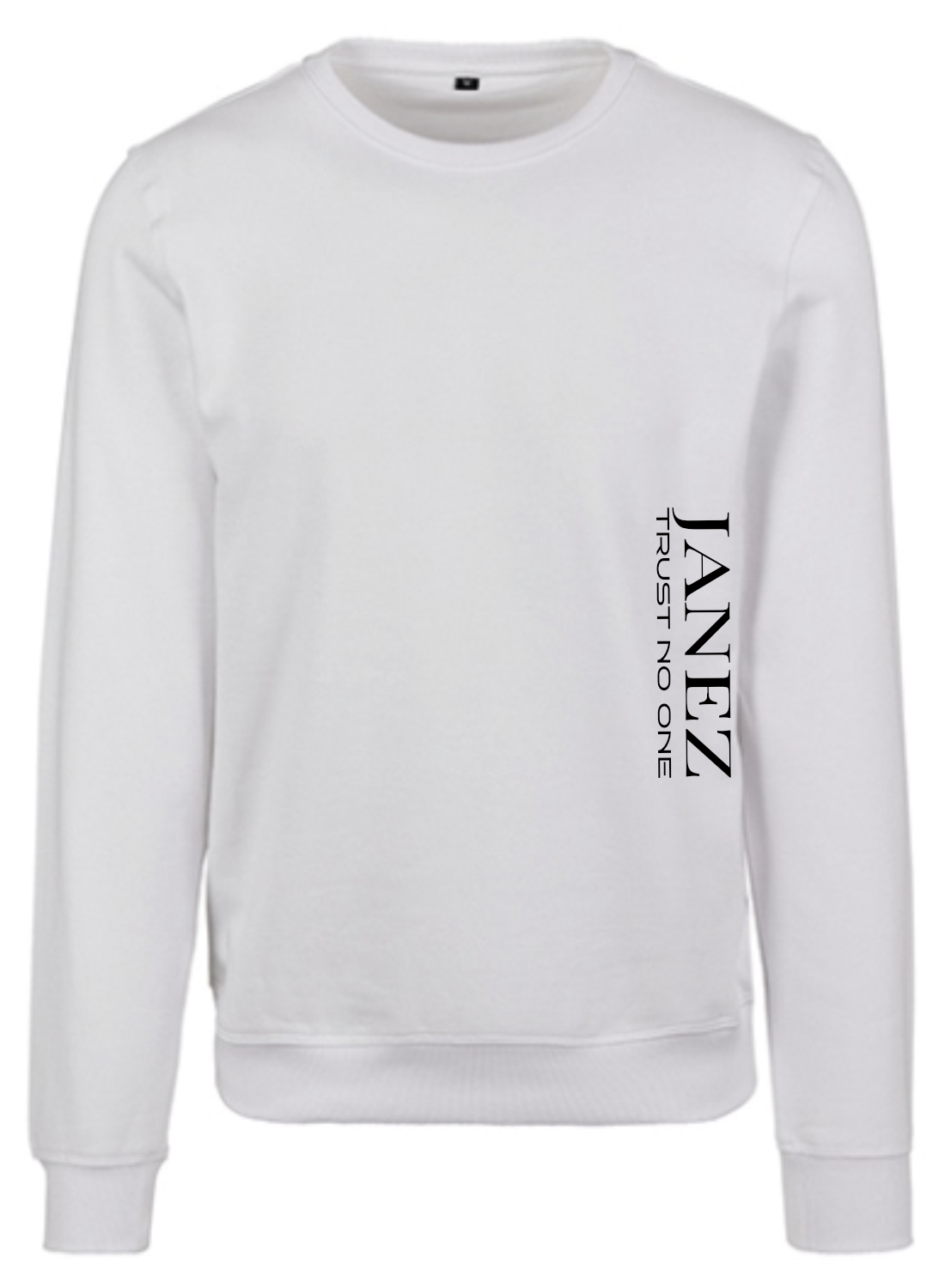 Sweatshirt Crewneck "Trust No One" mit Druck links unterm Ärmel weiss