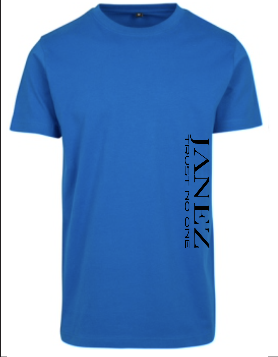 Round Neck T-Shirt "Trust No One" mit Druck links unterm Ärmel blau