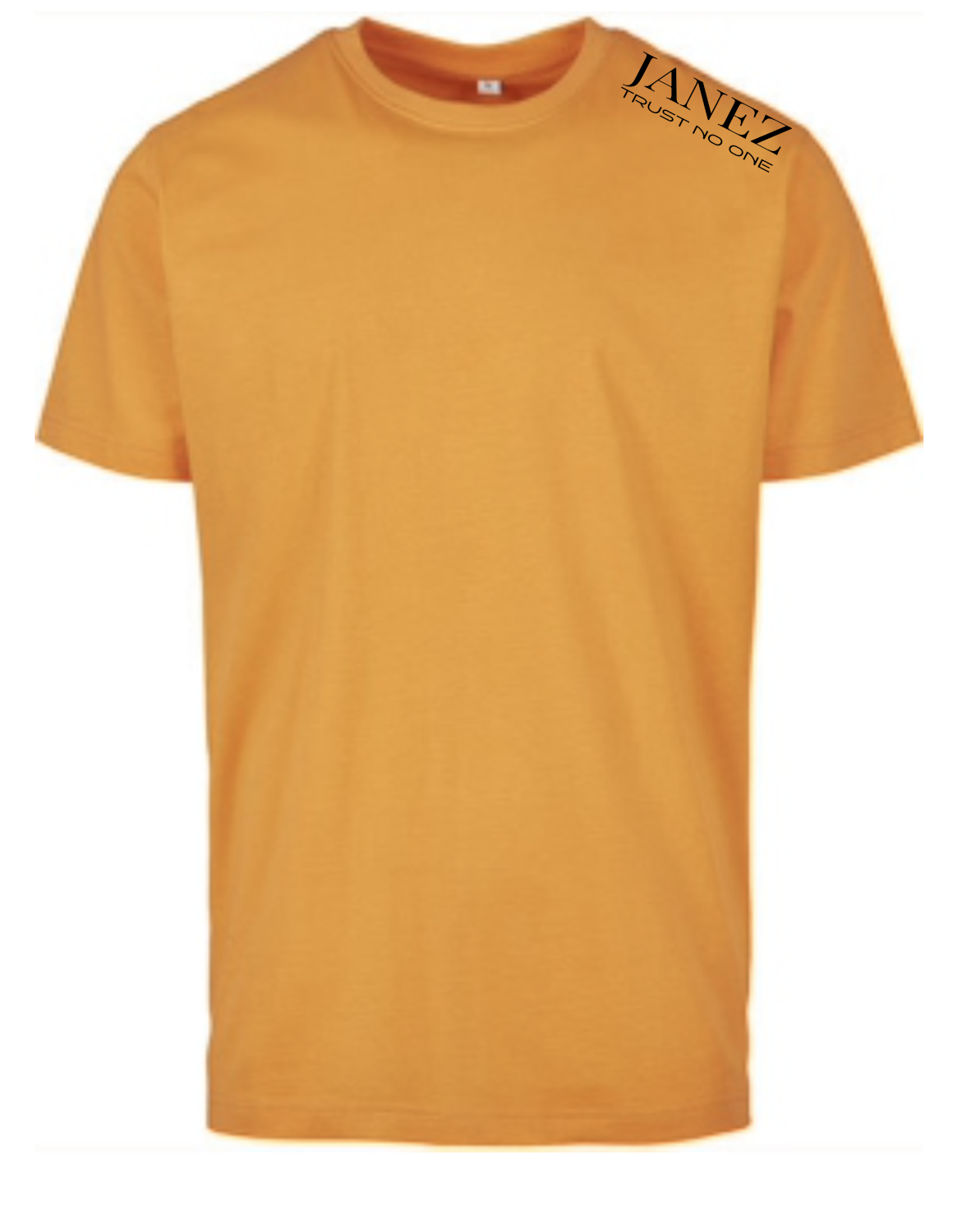 Round Neck T-Shirt "Trust No One" mit Druck links auf der Schulter orange