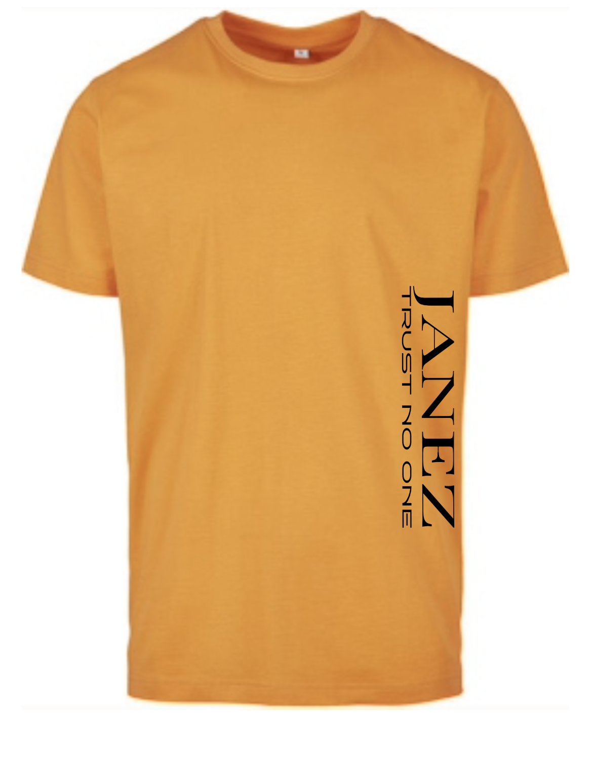 Round Neck T-Shirt "Trust No One" mit Druck links unterm Ärmel orange