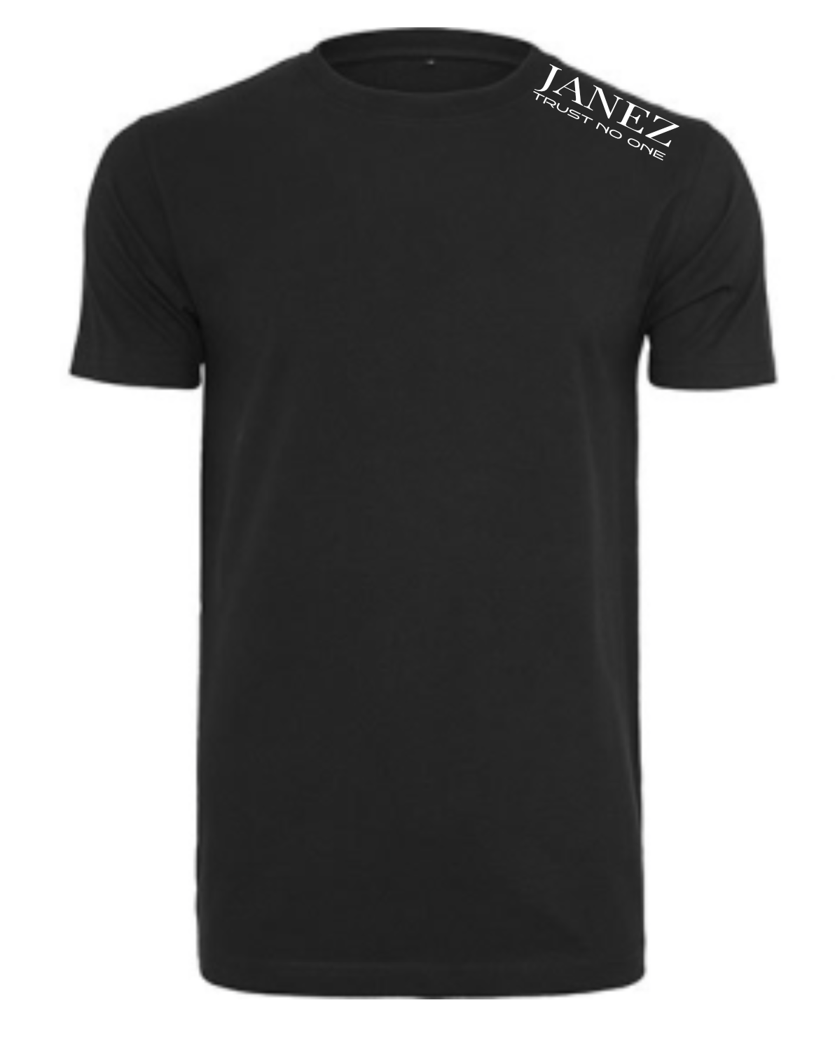 Round Neck T-Shirt "Trust No One" mit Druck links auf der Schulter schwarz
