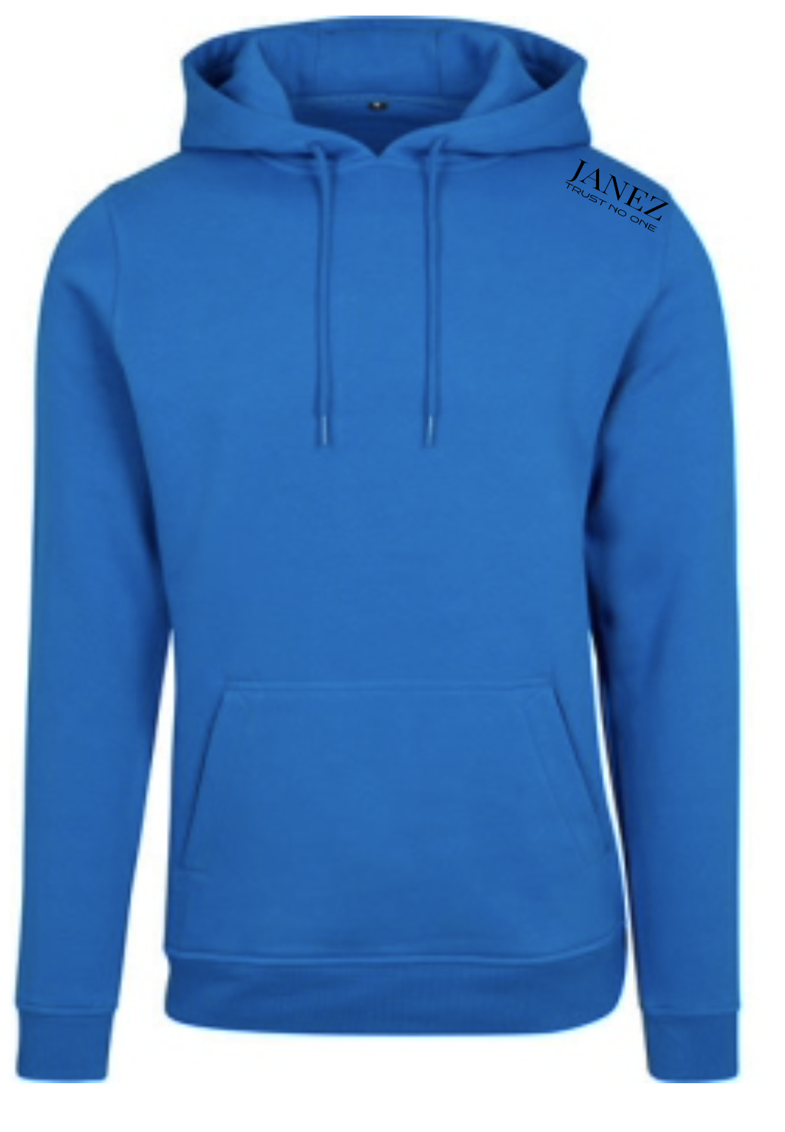 Heavy Hoodie "Trust No One" mit Druck auf der Schulter links blau