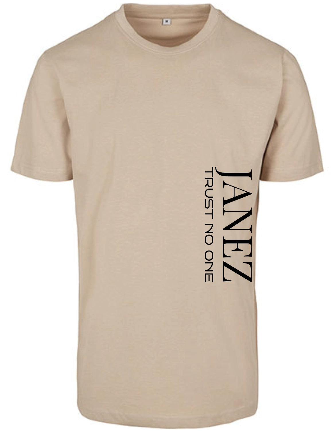 Round Neck T-Shirt "Trust No One" mit Druck links unterm Ärmel