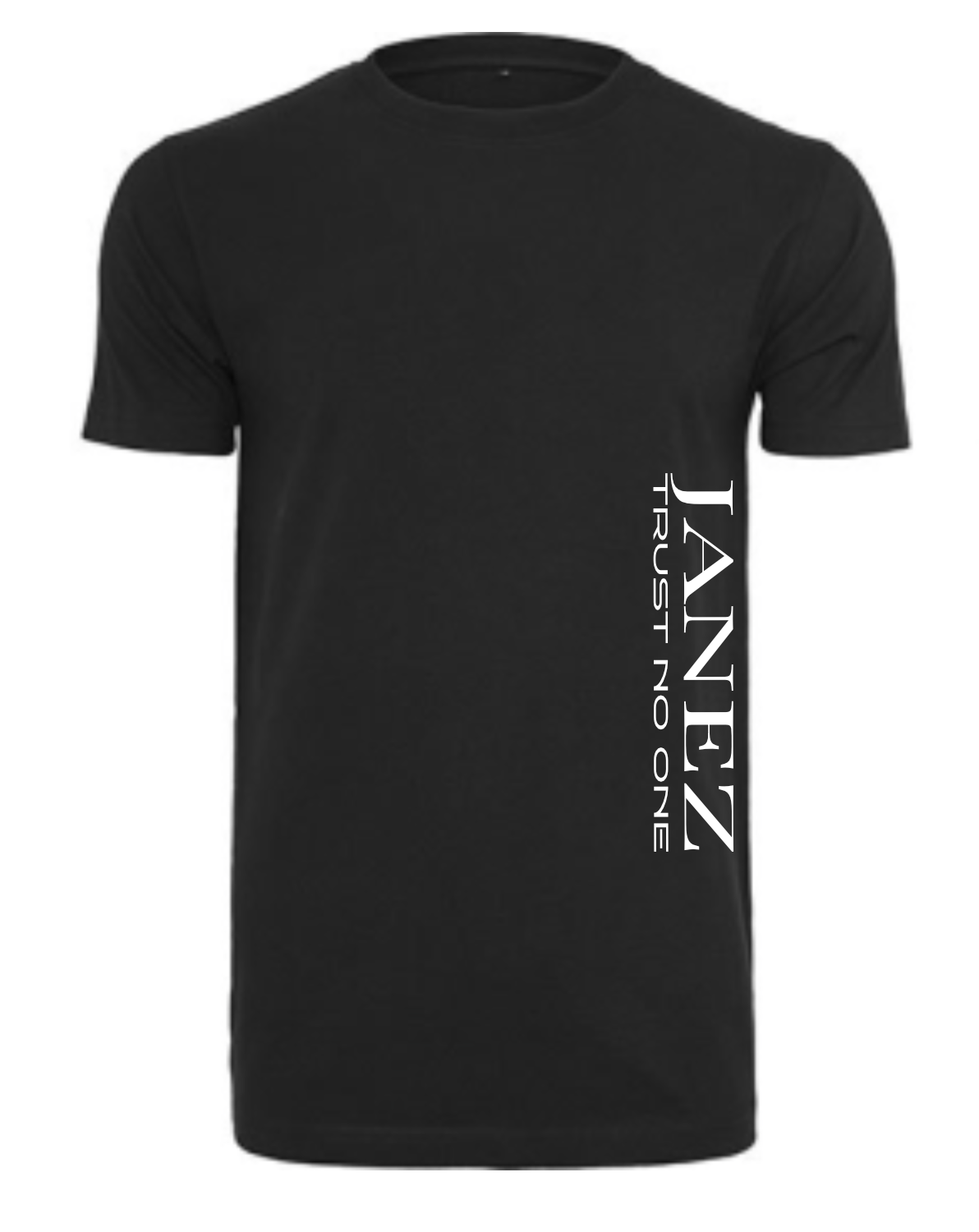 Round Neck T-Shirt "Trust No One" mit Druck links unterm Ärmel schwarz