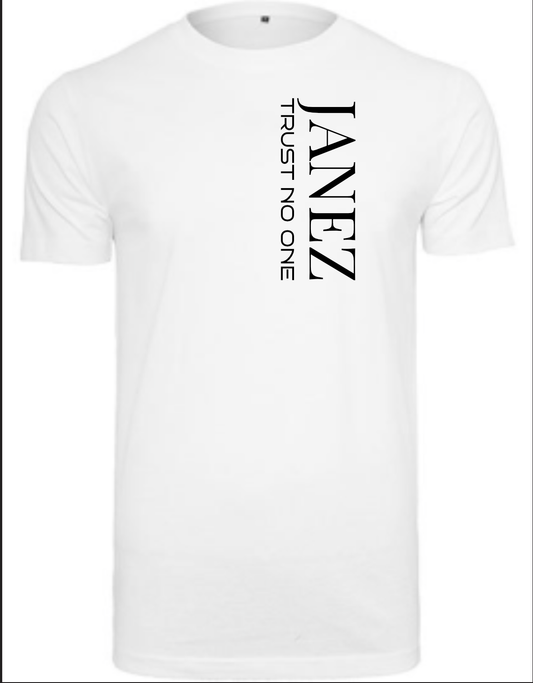 Round Neck T-Shirt "Trust No One" Vertikal weiss